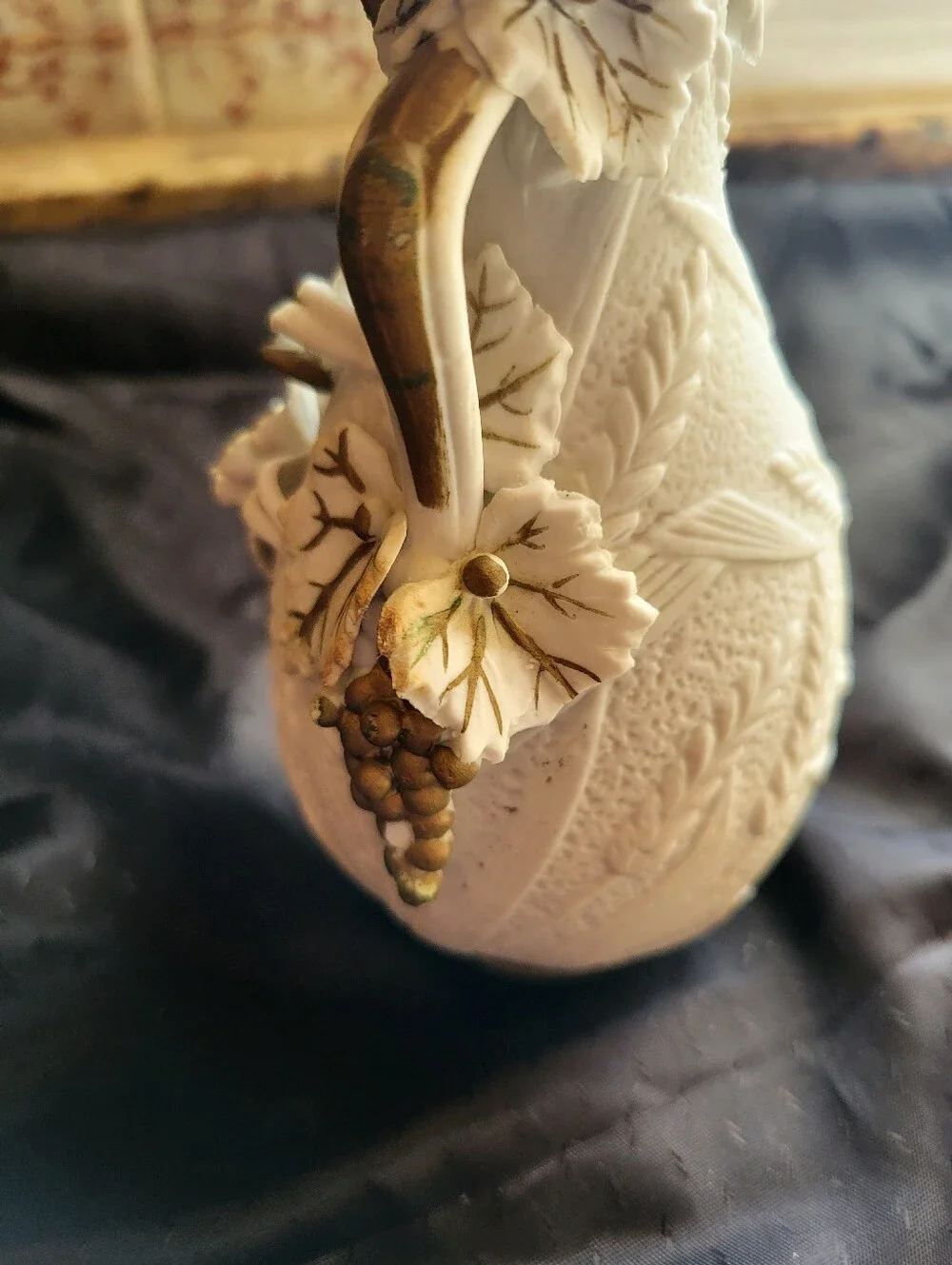 Textured White Bisque Ceramic Floral 6 Inch Vase with Grapes And Wheat